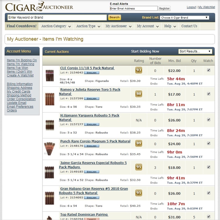 cigar auctions cigarauctioneer My Watchlist